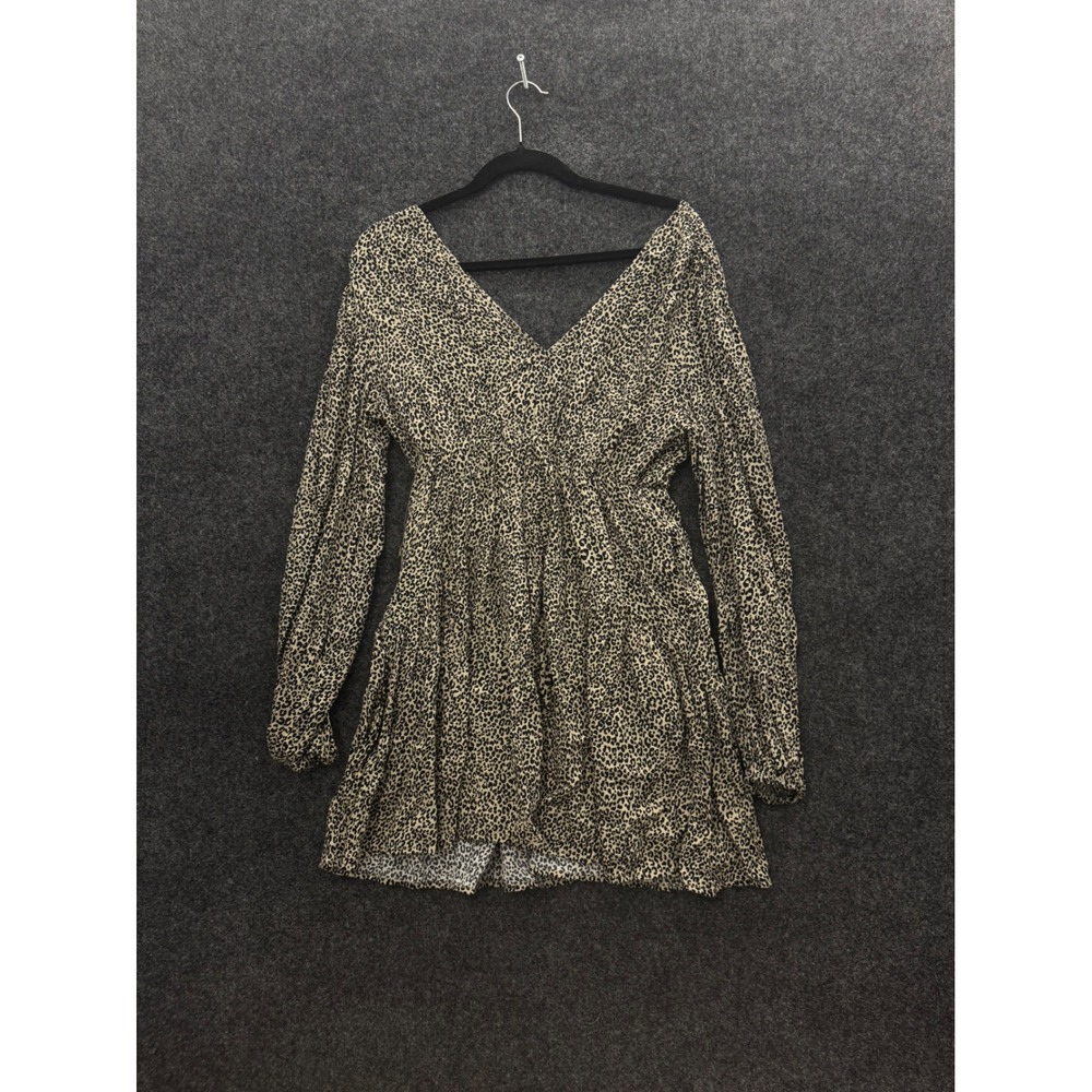 Beige Leopard Print Y2K Prairie Blouse Womens V-Neck Long Sleeve Tiered Top